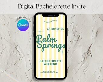 Bachelorette Party Digital Invite, Digital Itinerary Template, Bachelorette Weekend, Mobile Template, Customizable, Retro Palm Springs