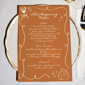 Ręcznie rysowany szablon menu na Święto Dziękczynienia, edytowalny w Canva (do pobrania cyfrowego), JESIENNY KAPSUŁ
