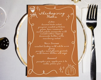 Modello di menu del Ringraziamento disegnato a mano, modificabile in Canva (download digitale), FANTASIA AUTUNNALE