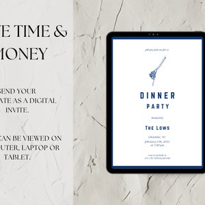 Op de afbeelding: Een digitale uitnodigingstemplate voor een dinerparty georganiseerd door The Lows in Charlotte, North Carolina, op 17 februari 2023 om 19:00 uur. De uitnodiging bevat een blauwe illustratie van een bloem.