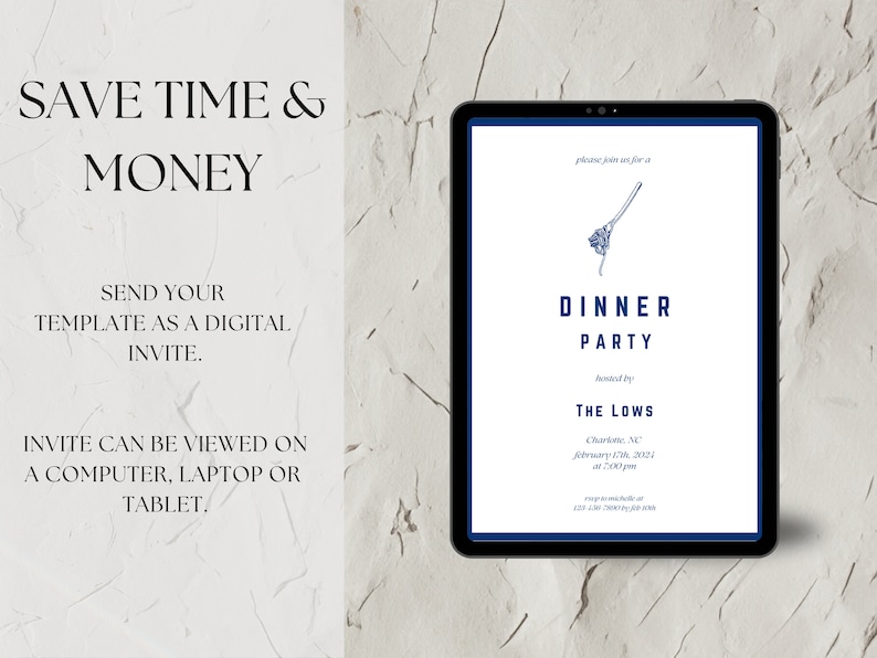 Op de afbeelding: Een digitale uitnodigingstemplate voor een dinerparty georganiseerd door The Lows in Charlotte, North Carolina, op 17 februari 2023 om 19:00 uur. De uitnodiging bevat een blauwe illustratie van een bloem.