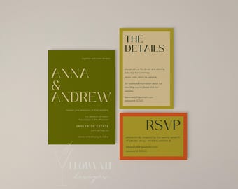 Colorful Modern Wedding Invitation Suite, Green Canva Template (Digital Download), JARDIN