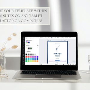 Op de afbeelding: Een laptopcomputer die een ontwerptemplate voor een dineruitnodiging weergeeft. De template bevat een blauwe en witte illustratie van een vork en mes met de tekst "Dinner Party" in een blauwe box. Het laptopscherm toont ook een kleurenpalet met verschillende tinten blauw, groen en grijs.