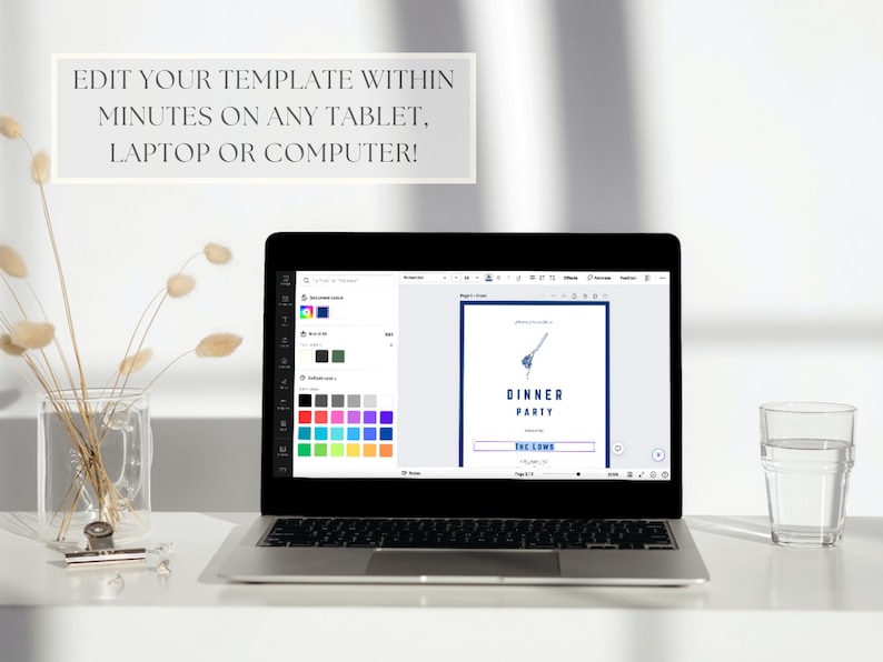Op de afbeelding: Een laptopcomputer die een ontwerptemplate voor een dineruitnodiging weergeeft. De template bevat een blauwe en witte illustratie van een vork en mes met de tekst "Dinner Party" in een blauwe box. Het laptopscherm toont ook een kleurenpalet met verschillende tinten blauw, groen en grijs.