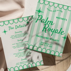 Palm Royale Bachelorette Einladen Vorlage, Retro Bach Party, Palm Beach Reiseplan, Vintage 70er Jahre inspirierte Mädchen Reise, Sofort Download