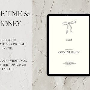 May include: A digital invitation template for a cocktail party. The template features a simple design with a bow and the text "Cocktail Party" and "021724".