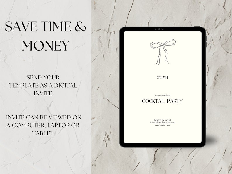 May include: A digital invitation template for a cocktail party. The template features a simple design with a bow and the text "Cocktail Party" and "021724".