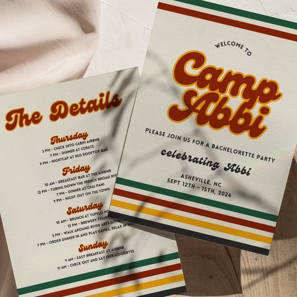 Retro Camp Bachelorette Party Invite Template: Mountain Cabin Itinerary (Instant Download 5x7" Canva Editable)