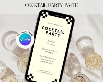 Mobile Party Invite, Digital Template, Retro Cocktail Party Invite, Customizable, Cocktail Dinner Party, Black & White Checkered