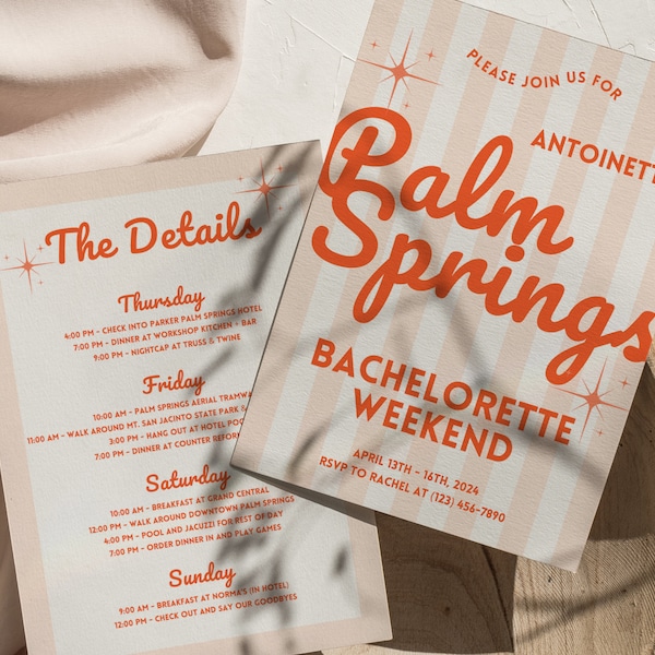 Invite Template, Palm Springs Bachelorette Party, Invite & Itinerary, Midcentury Modern, Palm Springs Weekend, Customizable Digital Template