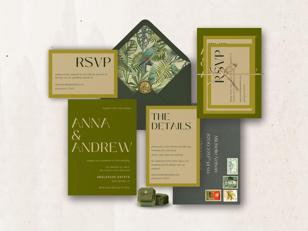 Chartreuse Wedding Invitation Suite, Tropical Greenery (digital ...