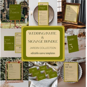 May include: A selection of wedding stationery templates in green and beige. The set includes welcome signs, menus, table numbers, and bar signs. Text includes "Anna & Andrew", "The Bar", and "The Menu".