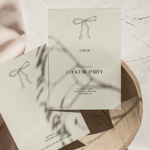 May include: A beige invitation card with a simple line drawing of a bow at the top. The text "021724 COCKTAIL PARTY hosted by rachel 3 o'clock in the afternoon anohombh, wa" is printed in black.