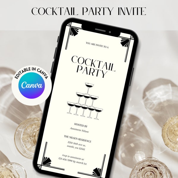 Mobile Party Invite, Art Deco Invite, Digital Template, Great Gatsby Cocktail Party Invite, Customizable, Cocktail Dinner Party