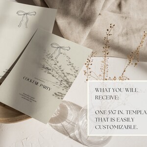 May include: A beige invitation card with a simple black bow illustration. The text "Cocktail Party" is printed in black on the card. The card is lying on a wooden surface with a glass vase and dried flowers in the background. The text "WHAT YOU WILL RECEIVE: ONE 5X7 IN. TEMPLATE THAT IS EASILY CUSTOMIZABLE." is printed on a white rectangle.