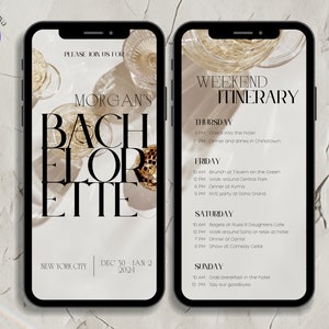 Elegant Bachelorette Party Digital Invite, Digital Itinerary Template, Bachelorette Weekend Invite, Mobile Template, Customizable, NYC Chic