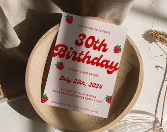 Strawberry Birthday Party Invite Template, Strawberry Party Template, Customizable, Picnic Party Invite, 30th Birthday Party Invite