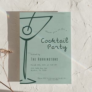 May include: A light blue invitation with a green cocktail glass illustration. The text reads "Please join us for a Cocktail Party hosted by THE HARRINGTONS March 10th, 2024 at 7:00 PM 1234 56th Ave SW Austin, TX 73301 Please RSVP to Karima by March 1st (123) 456-7890"