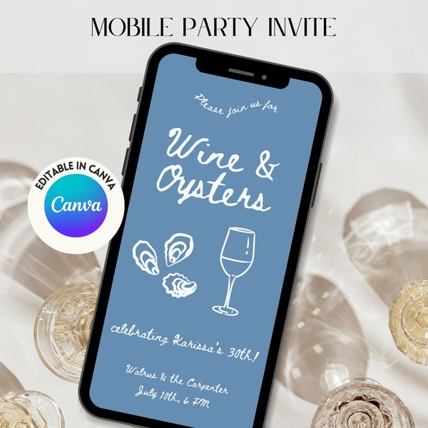 Mobile Party Invite, Hand-Drawn Invite, Digital Template, Wine & Oysters Birthday Party Invite, Customizable, Hand-Drawn Birthday Invite