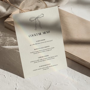 Modelo de menu de coquetel com laço, modelo de laço, menu de laço faça você mesmo, personalizável, menu de festa de coquetel feminino, menu de festa de coquetel coquete