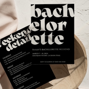 Plantilla de invitación para despedida de soltera moderna en blanco y negro, plantilla de itinerario, invitación sencilla, personalizable, fin de semana de despedida de soltera en spa