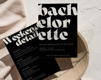 Modern Black & White Bachelorette Party Invite Template, Itinerary Template, Simple Invite, Customizable, Spa Bachelorette Weekend