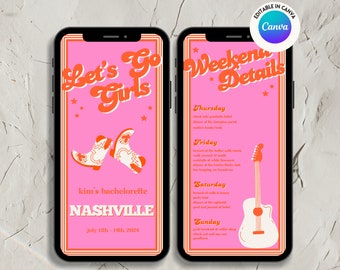 Nashville Bachelorette Party Digital Invite, Digital Itinerary Template, Bachelorette Weekend, Mobile Invite, Customizable, Western Cowgirl