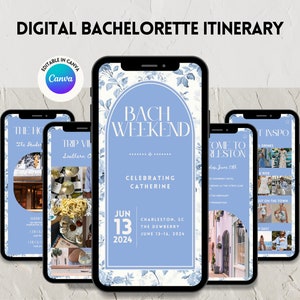 May include: A digital itinerary for a bachelorette weekend in Charleston, South Carolina. The itinerary includes a welcome to Charleston, a trip vibe, a bach weekend schedule, and outfit inspiration. The itinerary is decorated with a blue and white floral pattern.