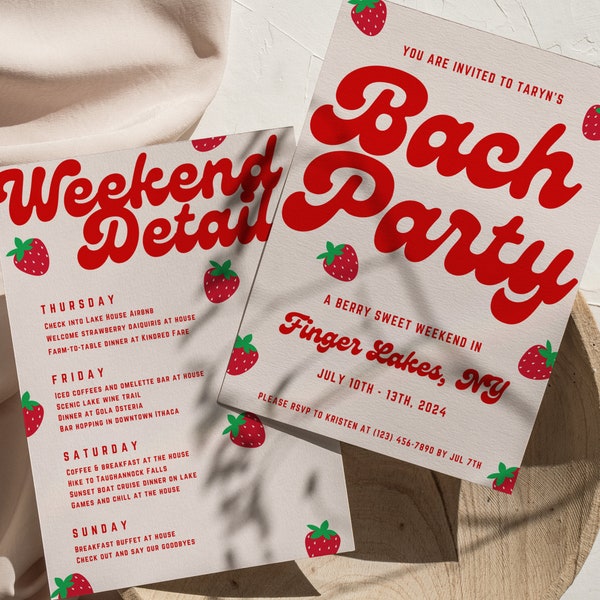 Invite Template, Strawberry Bachelorette Party, Invite & Itinerary, Summer Picnic, Lake Bachelorette Party, Customizable Digital Template