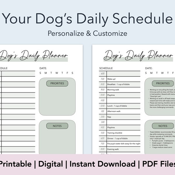 Dog's Daily Planner with Template | Puppy Schedule | Printable PDF | Customize & Personalize