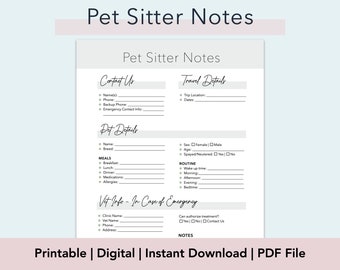 Pet Sitter Notes | Template for Dog Sitter | Instructions for a Sitter, Dog Walker, or Family Member | Dog - Cat Care Forms