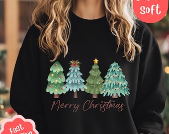 Sudadera navideña de árbol verde, cuello redondo festivo para mujer