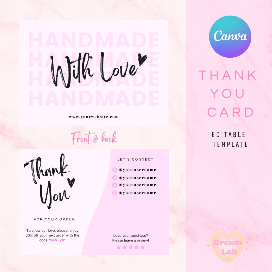 Thank You Card Template Pink -pink Canva Thankyou Order Card -pretty ...