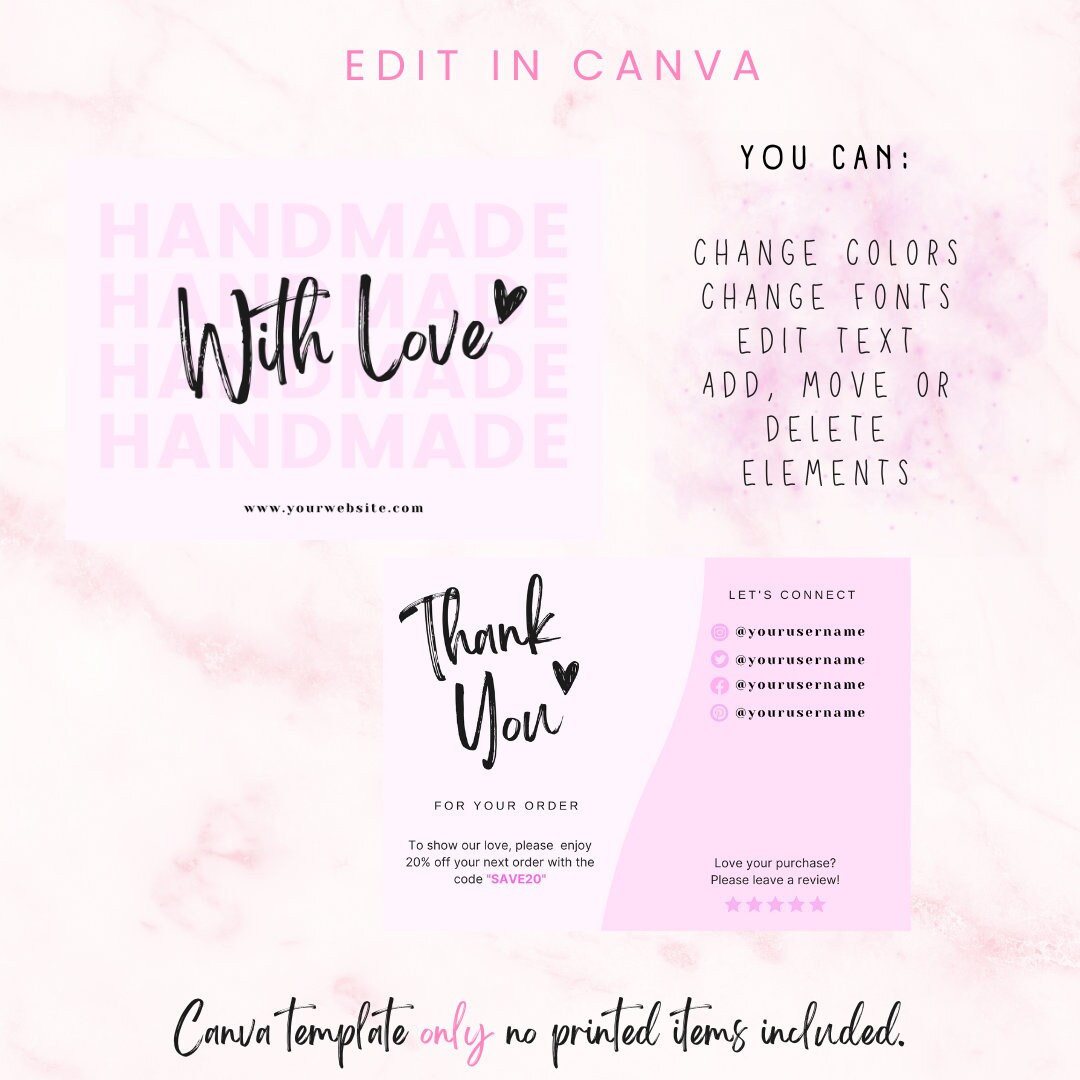Thank You Card Template Pink -pink Canva Thankyou Order Card -pretty ...