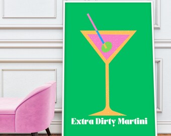 Dirty Martini Cocktail Poster Art Print, Digital Print at Home Art, Pink and Green Cocktail Art, Cocktail Wall Decor, Martini Wall Art