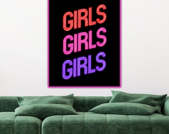 Girls Girls Girls Neon Sign Typography Art Print, Neon Sign Digital Print at Home Art, Neon Art, Red Pink Purple Neon Wall Decor