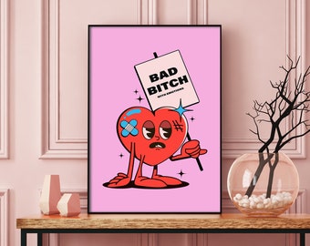 Bad B*tch with Emotions Club Pink and Red Poster Art Print, Pink and Red Cartoon Poster Wall Art Print, Badass Babe Quote