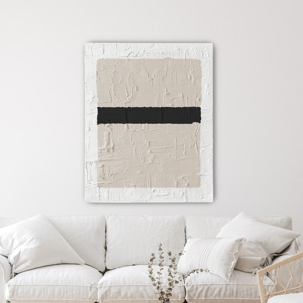 Abstract Black and Cream Lines Textured Plaster Art on Canvas, Black Line Art Canvas Art, Minimalist Painting, Black and Cream Texture Art