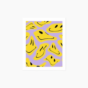 Warped Smiley Face Art Print, Smiley Art, Dripping Smiley Art Print, Living Room Art, Warped Smiley, Digital Print, Purple and Yellow