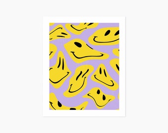 Warped Smiley Face Art Print, Smiley Art, Dripping Smiley Art Print, Living Room Art, Warped Smiley, Digital Print, Purple and Yellow
