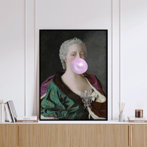 Pink Bubblegum Renaissance Altered Painting, Classic Art, Vintage Queen Bubble Art, Classic Painting Art Print, Funny Art Print