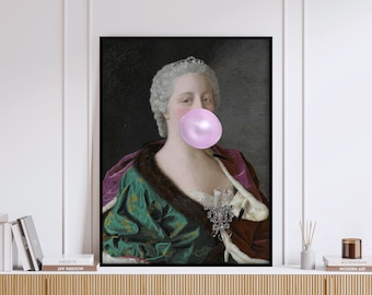 Pink Bubblegum Renaissance Altered Painting, Classic Art, Vintage Queen Bubble Art, Classic Painting Art Print, Funny Art Print