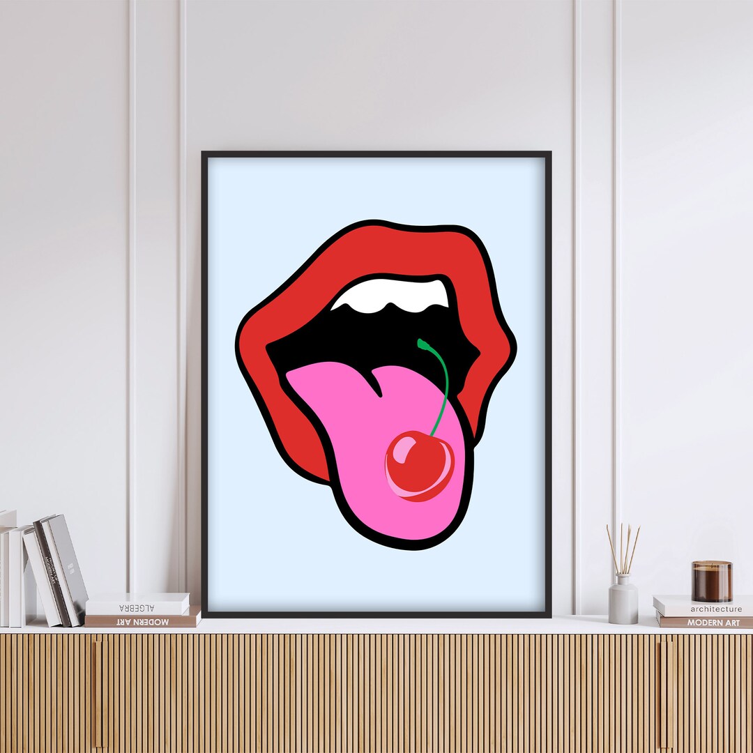 Lips, Tongue and Cherry Art Print, Pink Blue Lips Art, Trendy Art Print ...