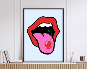 Lips, Tongue and Cherry Art Print, Pink Blue Lips Art, Trendy Art Print, Dorm Art, Red Lips Wall Decor, Pink and Blue Lips Poster