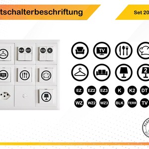 Könnte beinhalten: Weiße Lichtschalterbeschriftungen mit verschiedenen schwarzen Symbolen, darunter ein Kleiderbügel, ein Fernseher und eine Lampe. Das Set enthält Etiketten mit Text wie EZ, K und DT. Der Text "Lichtschalterbeschriftung" steht oben.
