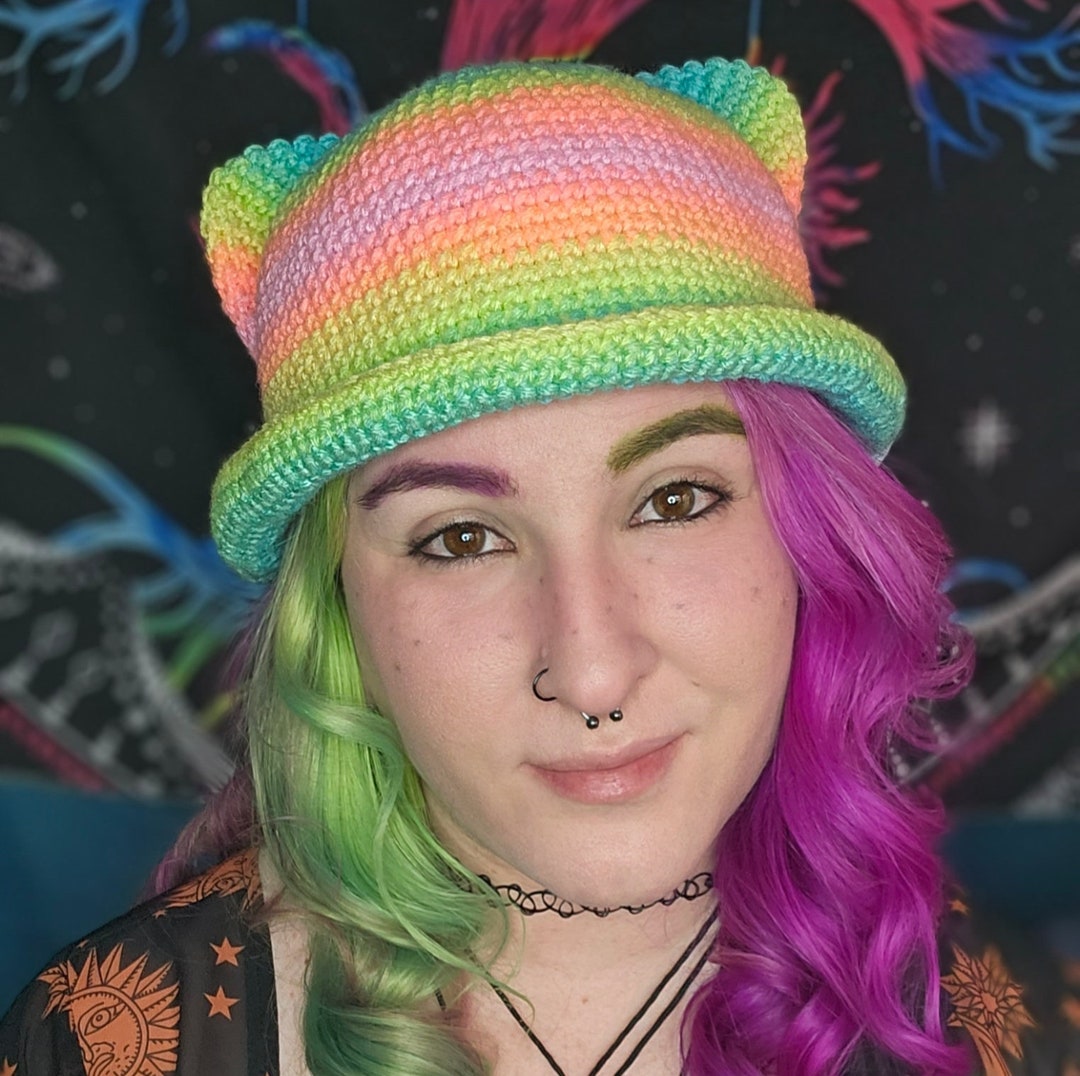 Crochet Rainbow Cat Ear Bucket Hat Etsy