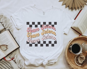 Team Selena Tshirt | Retro Checkered Shirt | Selena Gomez Shirt | Boho Wavey Graphic Tee Shirt | Retro Graphic Shirt | Cute Graphic Shirt