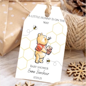 Etiquetas de regalo de Winnie the Pooh imprimibles, etiquetas para baby shower, etiquetas para tarros de miel, decoraciones para fiestas de Winnie the Pooh, plantilla editable, descarga instantánea