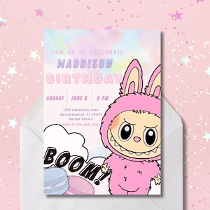 Labubu verjaardagsuitnodiging bewerkbaar | Leuke uitnodiging voor een monsterfeestje | Digitale download van Labubu | Canvassjabloon | Afdrukbare verjaardagskaart voor kinderen