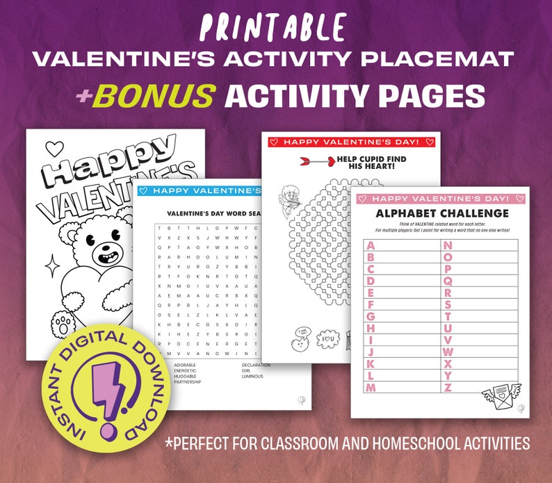 Printable Valentines Day Activity Placemats for Kids | Bonus Activity ...